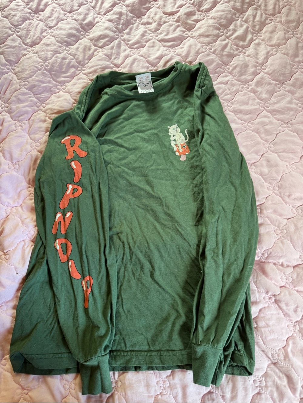 Ripndip Olive Green Long Sleeve Tee with Red Sleeve Logo